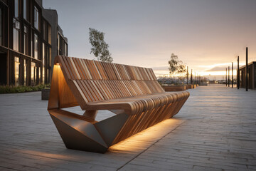 Modern urban bench with kinetic rotating fins in brushed metal and warm wood design