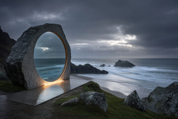 Giant circular mirror portal on coastal cliff, reflecting ocean horizon under stormy clouds