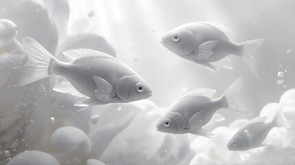 Surreal fish swim through ethereal clouds embodying Cloud Dancer fantasy for 2026. Dreamlike underwater sky, soft monochrome, and imaginative concept perfect for creative projects, metaphors