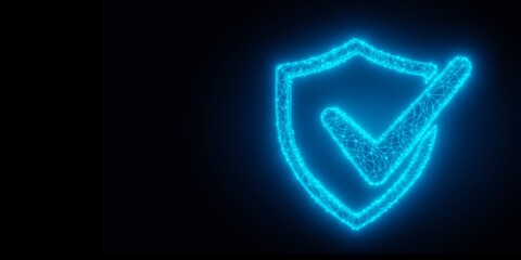 Blue wireframe shield outline with large checkmark overlay on dark black background, business security, protection or digital safety template concept