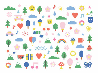 Fototapeta premium A colorful collection of whimsical cartoon illustrations clouds trees and treats