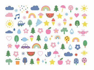 Colorful collection of illustrated stickers rainbows trees hearts and weather symbols