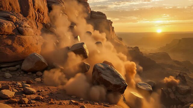 Rockslide and Dust Cloud in a Desert Canyon at Sunset with Sun Visible landslide