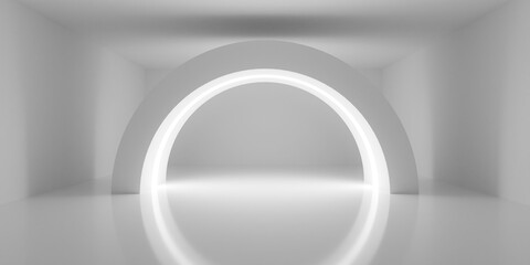 Empty blank white room background with round arc with inset light, modern interior template