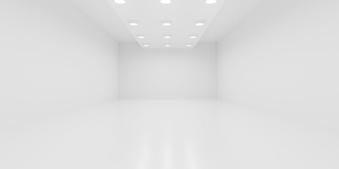 Empty white room or gallery background with three rows of spotlights in the ceiling