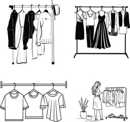 This title emphasizes vector, clothing rack, fashion, apparel, line art, and isolated, which are high-performing Adobe Stock search terms for fashion, retail, and lifestyle illustrations.