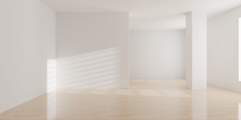 Fototapeta na wymiar Empty blank bright room background with sun shadow thru windows and wooden floor, modern interior template