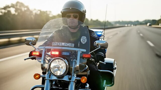 A focused male police officer in sunglasses riding a motorcycle on a highway, wearing a helmet and uniform, showcasing law enforcement on duty during daytime.