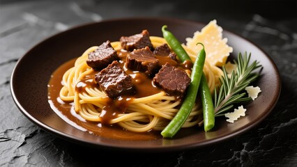 A plate of noodles with beef and vegetables on a dark background