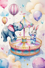 Watercolor circus performance with animals, carousel and balloons.