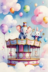 Watercolor circus performance with animals, carousel and balloons.