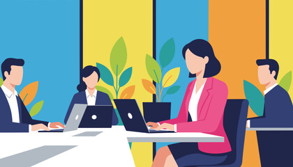 Professional business team collaborating on laptops in a vibrant ecofriendly office workspace illustration