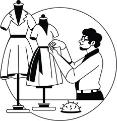 Fashion Designer Sewing Dress on Mannequin, Tailor Workshop Scene, Black and White Line Art Vector Illustration Isolated on White Background