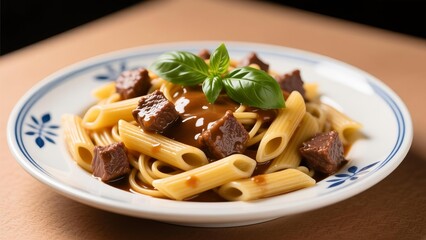 Pasta dish with beef and herbs on a decorated plate