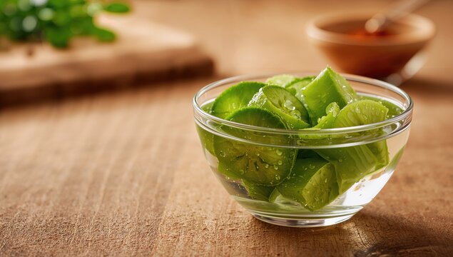 Freshly cut bitter gourd submerged in water, cleansing or blanching technique