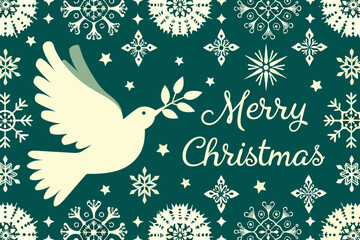 A peaceful white dove with christmas greetings and snowflake background design © bashanti