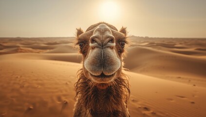 Detailed shot of a camels head in the Sahara, focusing on animal resilience in harsh desert conditions