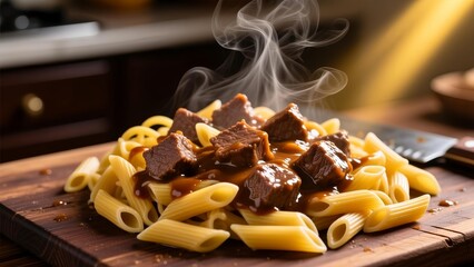 Steaming hot pasta dish with beef on a wooden board in a kitchen setting