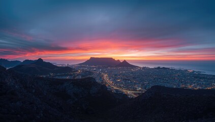 Obraz premium Sunset over the Cape Town city CBD with Table Mountain silhouette, city skyline and mountain view, Earth Day