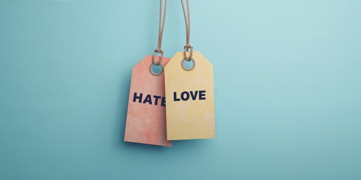 Blue background featuring luggage tags with hate and love inscriptions for branding and messaging, branding and messaging, World Malaria Day
