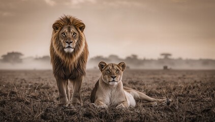 Lion and lioness lying in the grassland, illustrating natural animal behavior