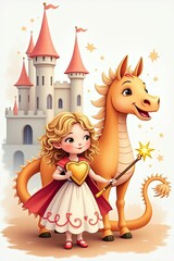 Watercolor children's illustration of a princess, unicorn, dragon, castle, magic wand and other little things.