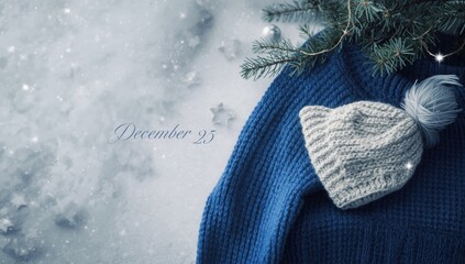 Detail of knitted blue sweater, festive hat, and white stars with spruce branch, highlighting seasonal craft elements, Christmas