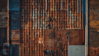 Bird's-eye perspective of mixed rooftop materials such as terracotta, metal, and asbestos sheets, emphasizing weathered surfaces and structural aging, building maintenance focus