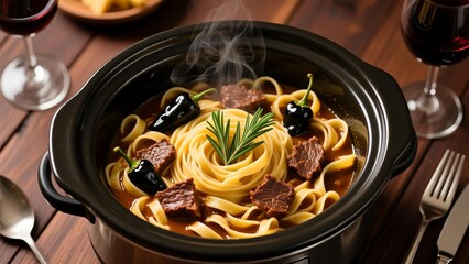 A steaming hot bowl of noodles with meat and vegetables served in a slow cooker on a wooden table