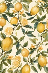 Watercolor background with ripe lemons.