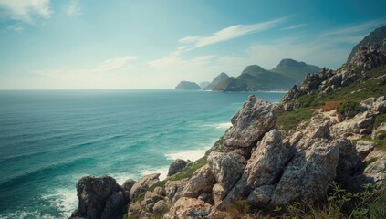 Jagged shoreline overlooking the Knysna Lagoon with rugged cliffs, highlighting coastal erosion, South Africa