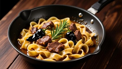 Delicious beef noodle dish cooked in a pan on a wooden table with a savory sauce and fresh rosemary garnish