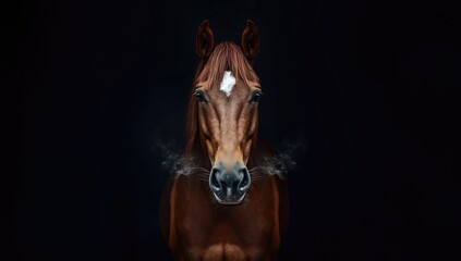 Close-up of a bay horse with a dark backdrop, highlighting its refined features and shiny coat, ideal for equestrian sports promotion