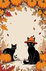 black cat in a hat surrounded by pumpkins