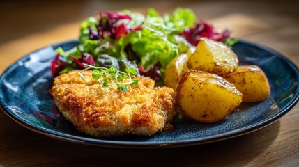 Fototapeta premium Close-up of a plate with a crispy breaded cutlet, roasted potatoes, and mixed green salad