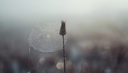 Frozen spider web on a thistle during winter, highlighting delicate ice formations in a misty landscape
