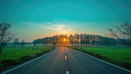 Fototapeta premium Morning light illuminating a roadside scene with blue sky, greenery, and a paved road, used as a backdrop for traffic safety signage, World Traffic Safety Day