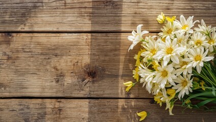 Obraz premium Summer flowers placed on rustic wood, ideal for layout backgrounds or editorial headers