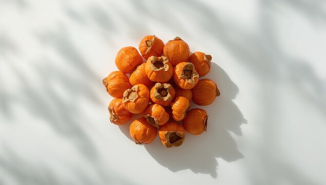 Close-up of dried persimmons with vibrant color and wrinkled surface, suitable for food photography backgrounds or recipe displays