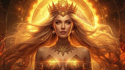 golden-haired queen with a crown on her head.