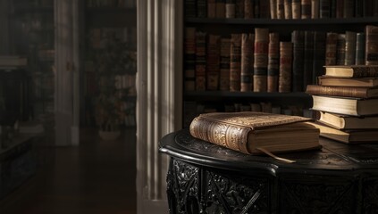 Vintage Bible displayed on a dark carved table alongside a collection of books and encyclopedias, archival storage