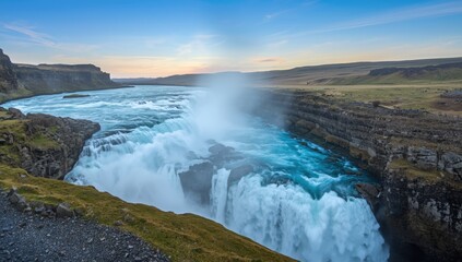 Obraz premium Godafoss waterfall, a prominent Icelandic cascade, illustrating erosion processes and seasonal water variations
