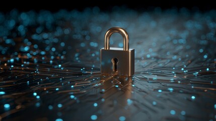 A close-up view presents a shiny, golden padlock resting on a digital circuit board with glowing blue and orange dots