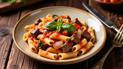 A plate of rigatoni pasta with meat and tomato sauce on a wooden table