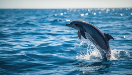 Fototapeta premium Marine life encounter with a dolphin close to the beach, ideal for layout backgrounds