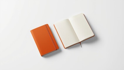 Open and closed orange notebooks featuring lined pages, designed for writing tasks and organization
