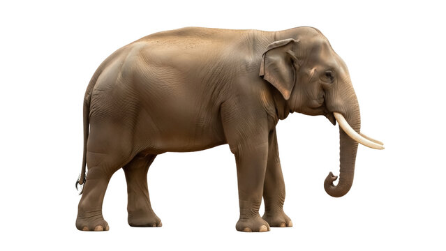 Isolated Asian elephant standing peacefully with curved tusks in natural daylight outdoors