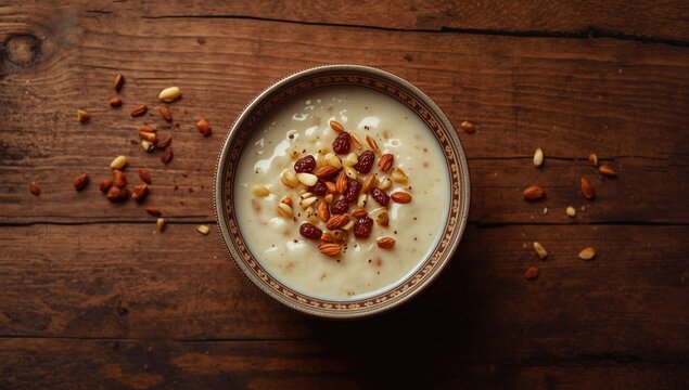 Close-up of a bowl of kheer rice pudding with nuts and raisins, ideal for traditional festive celebrations