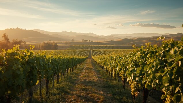 Grapevine rows in a vineyard preparing for harvest, highlighting seasonal crop cycle