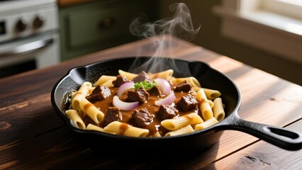 A steaming hot skillet of pasta with meat and onions on a wooden table in a kitchen